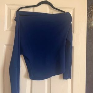 Blue off the shoulder waffle top with thumb holes